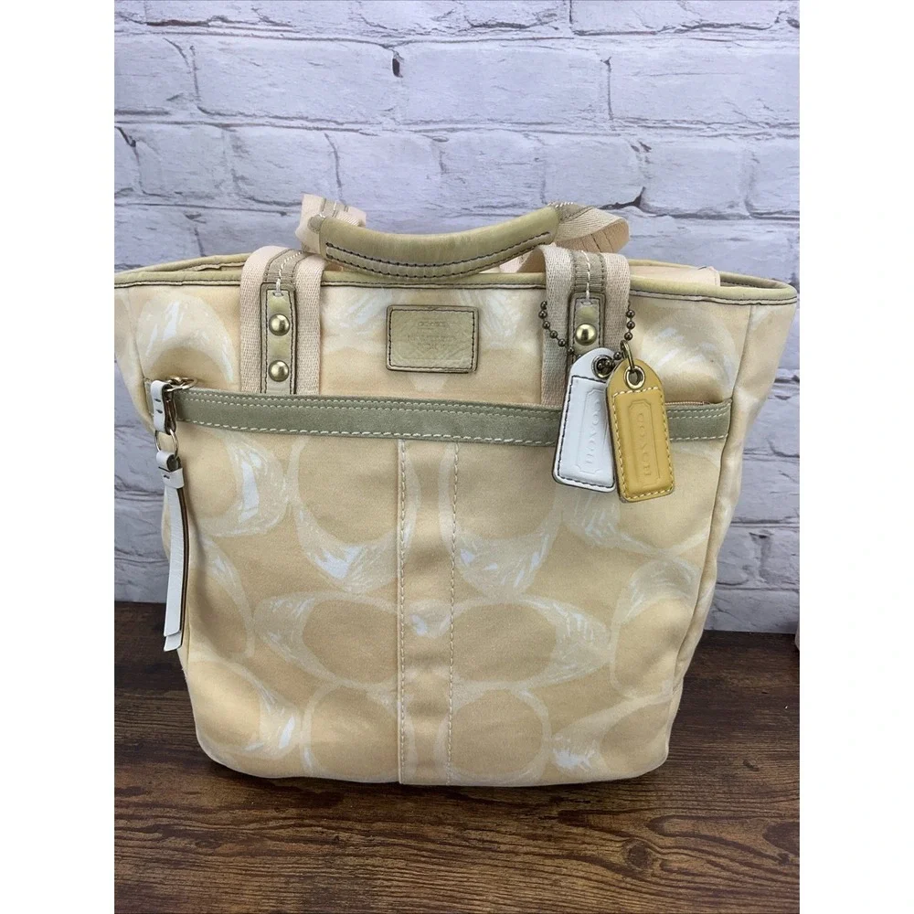 Coach Signature Print Tote Bag Purse Satchel Handbag Designer Tan - Picture 1 of 10